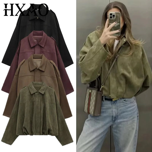 Women's Suede Bomber Jacket With Cropped High Street Fashion Style Design