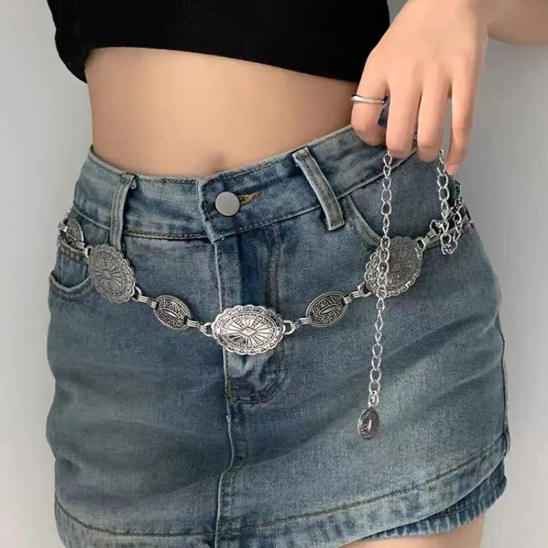 Women's Silver Waist Chain Belt With Retro Summer Fashion Style Design