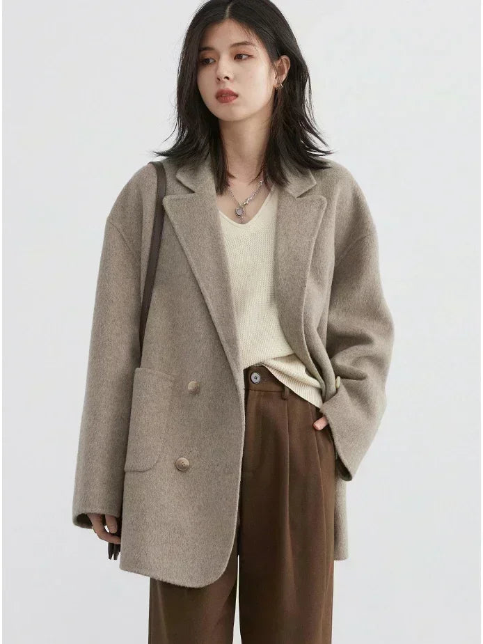 Women's Double Breasted Woolen Coat With Retro Casual Winter Style Design