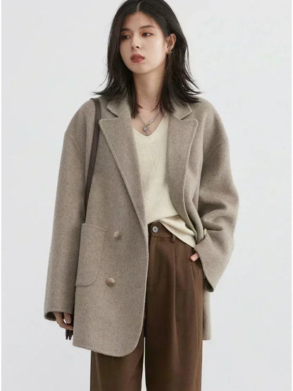 Women's Double Breasted Woolen Coat With Retro Casual Winter Style Design