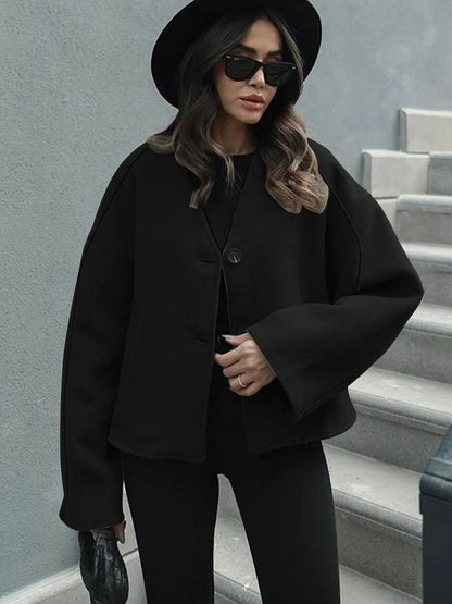 Women's Casual V Neck Coat With Long Sleeves And Button Design