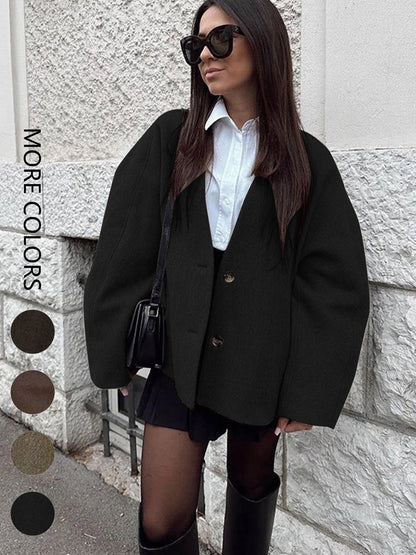 Women's Casual V Neck Coat With Long Sleeves And Button Design