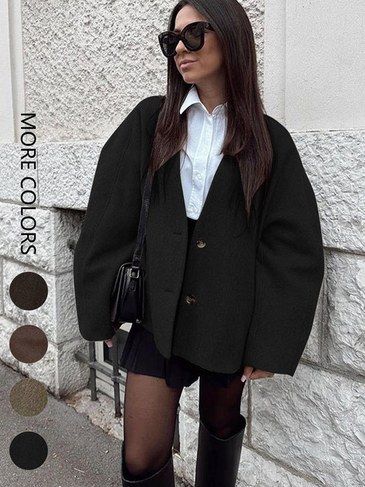Women's Casual V Neck Coat With Long Sleeves And Button Design
