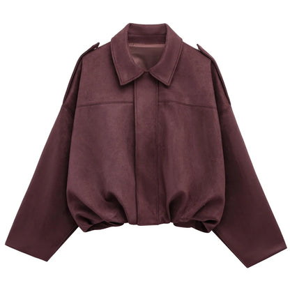 Women's Suede Bomber Jacket With Cropped High Street Fashion Style Design