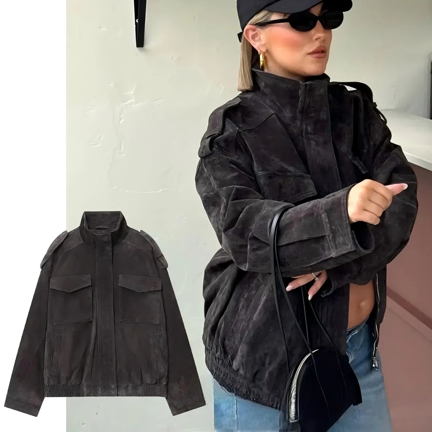 Women's Chic Suede Bomber Jacket With Loose Streetwear Fashion Style Design