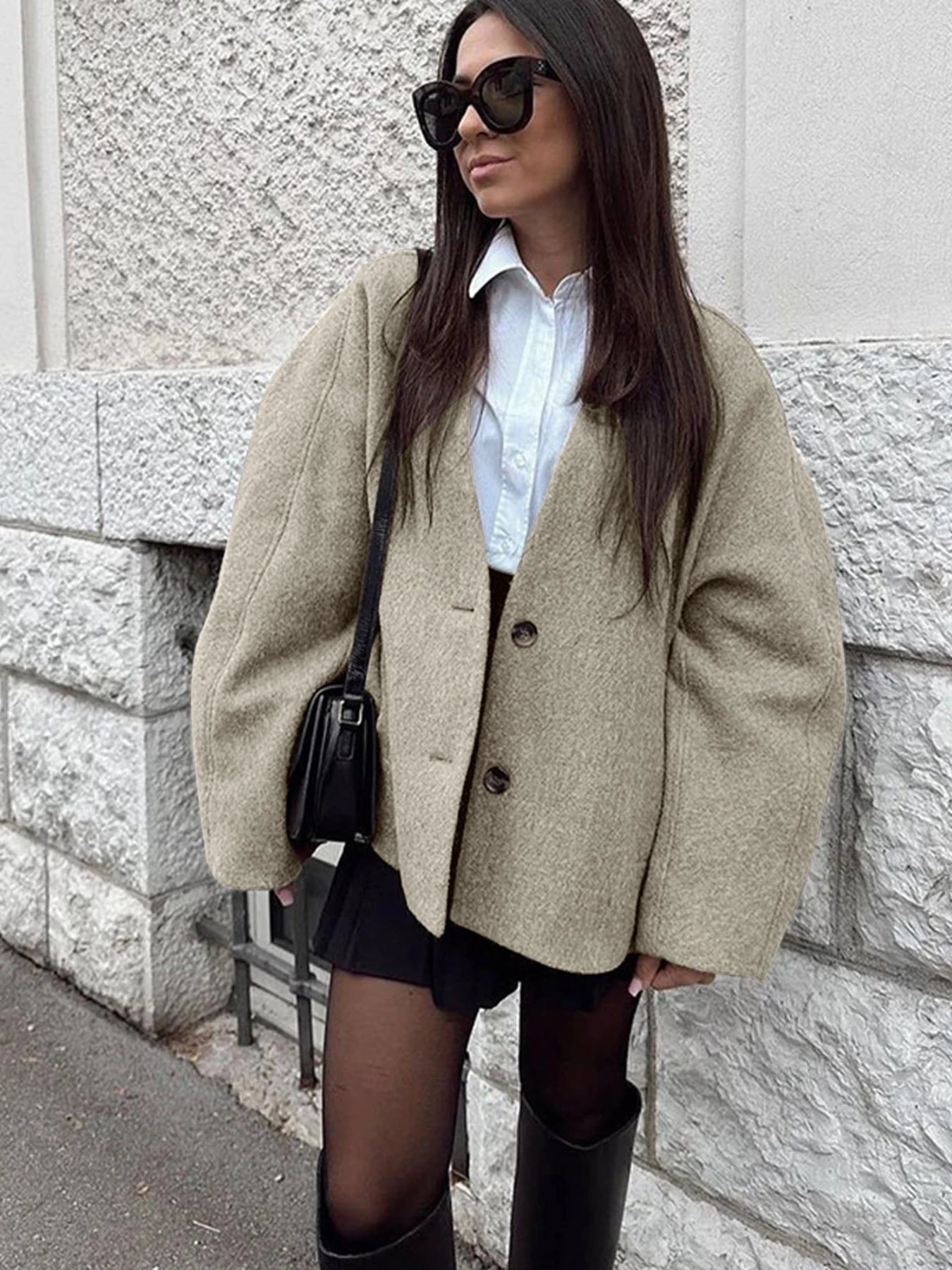 Women's Casual V Neck Coat With Long Sleeves And Button Design