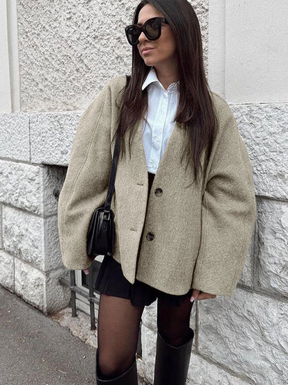 Women's Casual V Neck Coat With Long Sleeves And Button Design