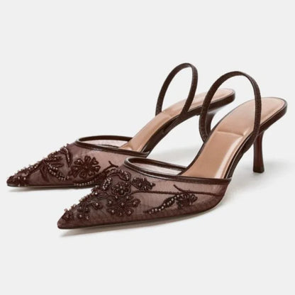 Elegant Mesh Embroidered High Heels With Pointed Toe Luxury Design Features