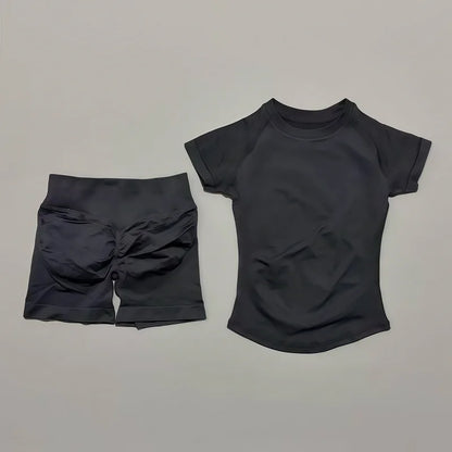 Women Seamless Sports Set With Shorts And Short Sleeve Yoga Top