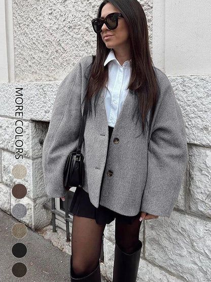 Women's Casual V Neck Coat With Long Sleeves And Button Design