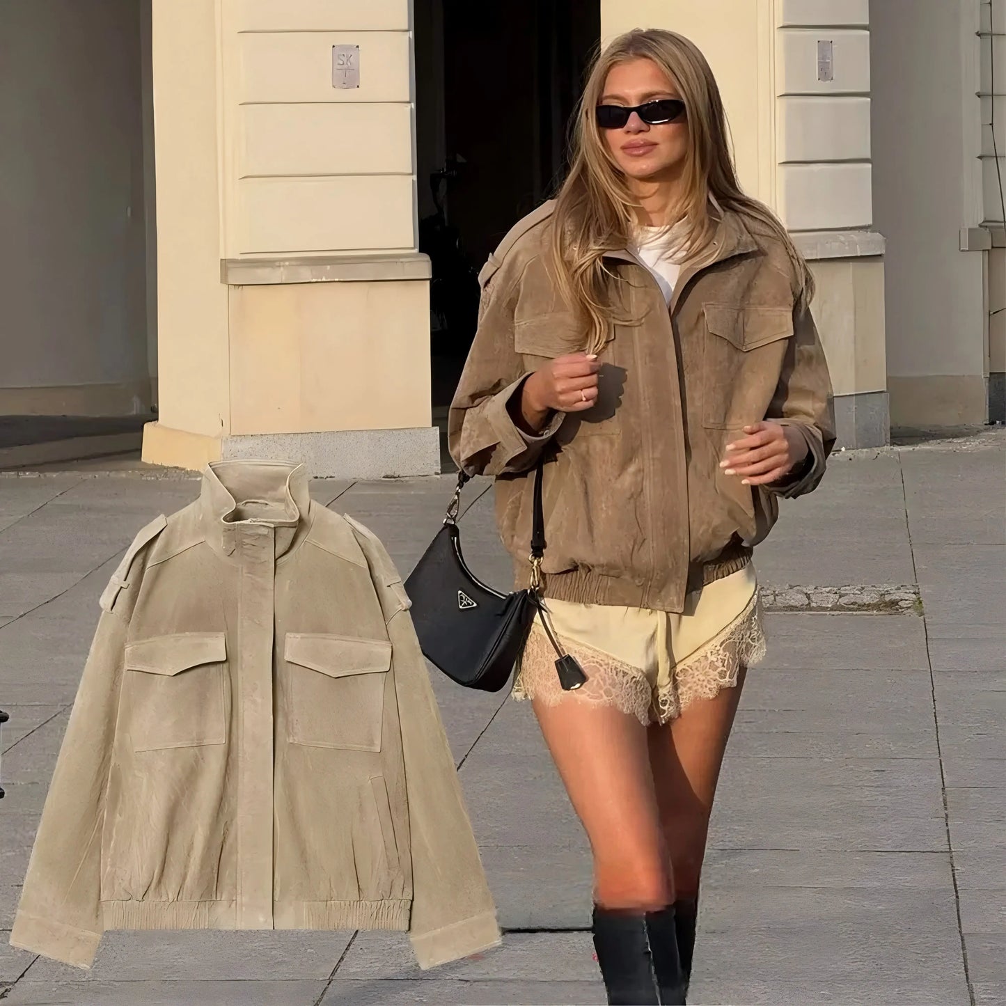 Women's Chic Suede Bomber Jacket With Loose Streetwear Fashion Style Design