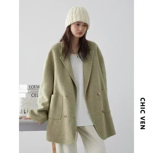 Women's Double Breasted Woolen Coat With Retro Casual Winter Style Design