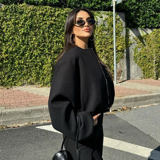 Women's Black Bomber Jacket With Cropped Varsity Winter Fashion Style Design