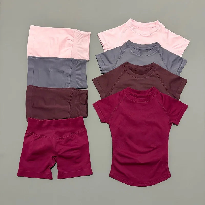 Women Seamless Sports Set With Shorts And Short Sleeve Yoga Top