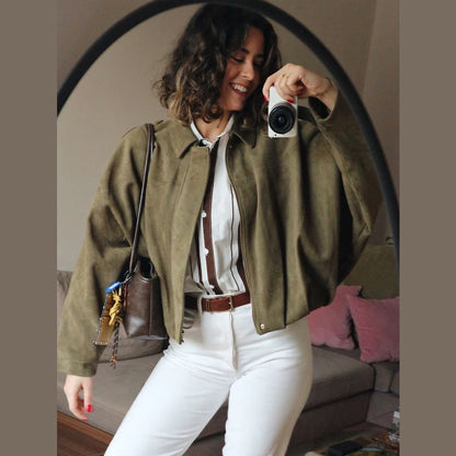 Women's Suede Bomber Jacket With Cropped High Street Fashion Style Design