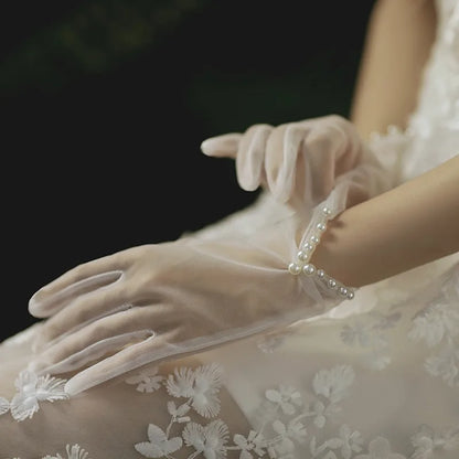 Vintage Wedding Mesh Gloves With Pearl Bow Elegant Bridal Fashion Design