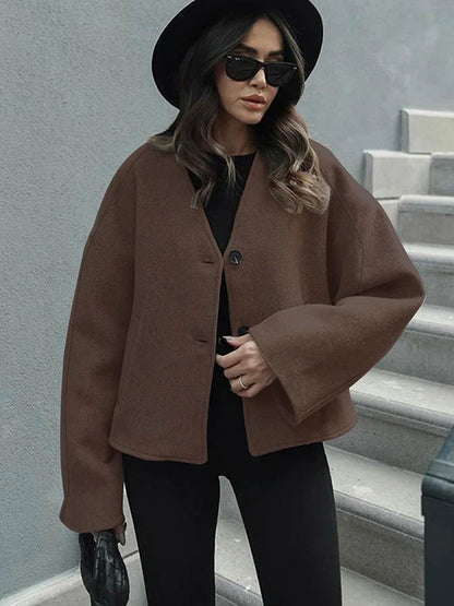 Women's Casual V Neck Coat With Long Sleeves And Button Design