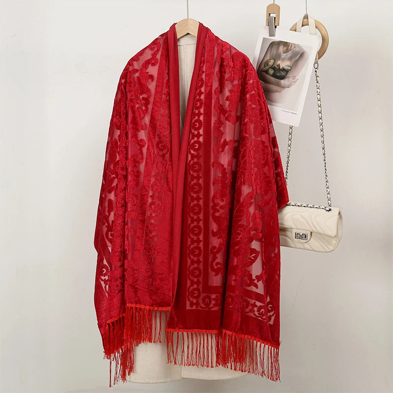 Women's Floral Lace Silk Scarf With Elegant Gradient Fashion Design Style