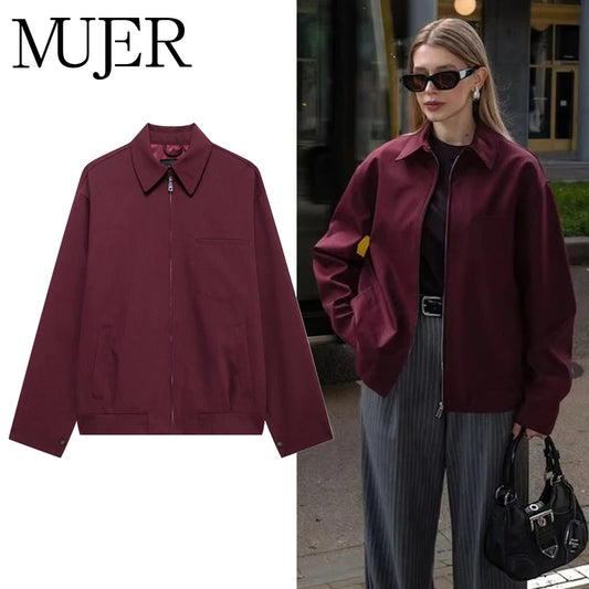 Women's Zipper Bomber Jacket With Loose Retro Fall Fashion Style Design
