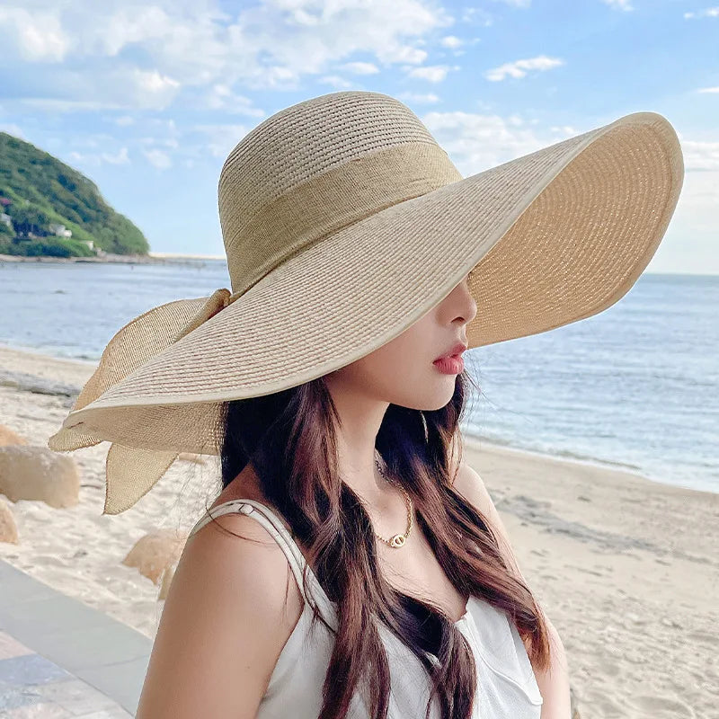 Women's Oversized Straw Beach Hat With Bow Summer Sun Protection Design