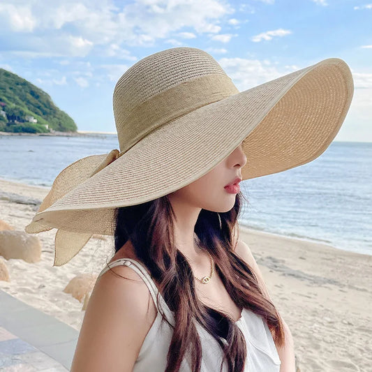 Women's Oversized Straw Beach Hat With Bow Summer Sun Protection Design