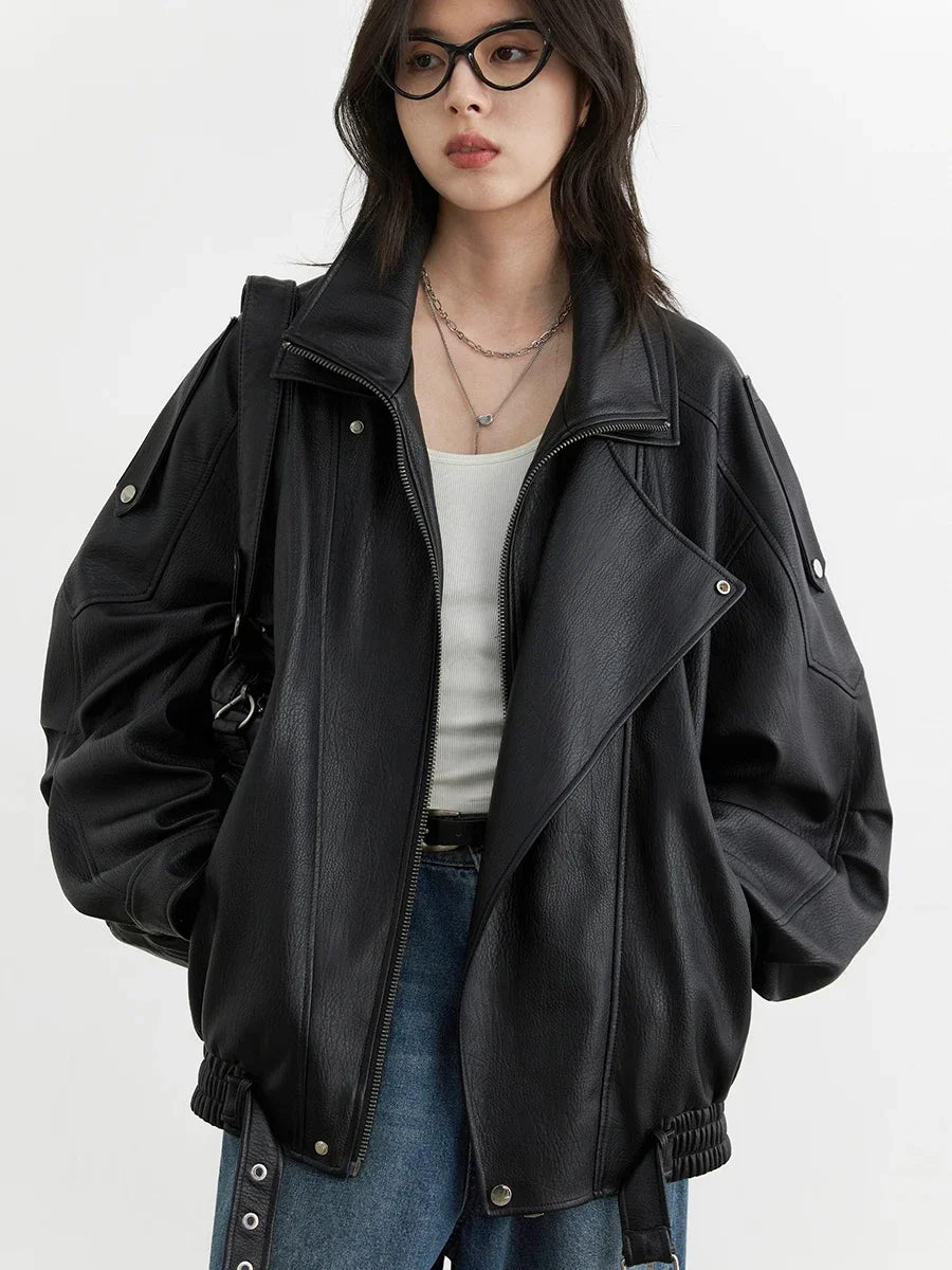 Women's Retro Faux Leather Jacket With Loose Motorcycle Fashion Style Design