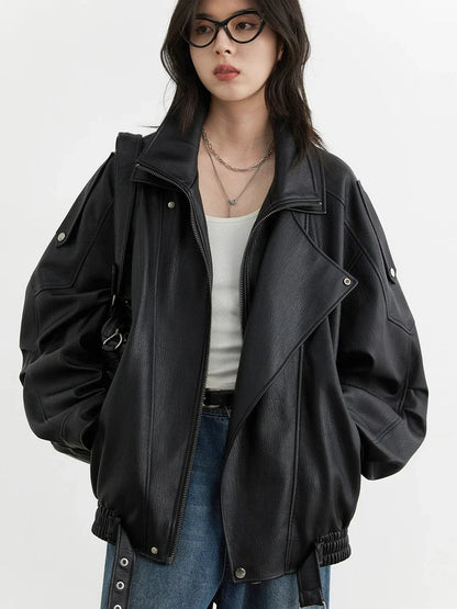Women's Retro Faux Leather Jacket With Loose Motorcycle Fashion Style Design