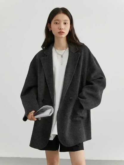 Women's Double Breasted Woolen Coat With Retro Casual Winter Style Design