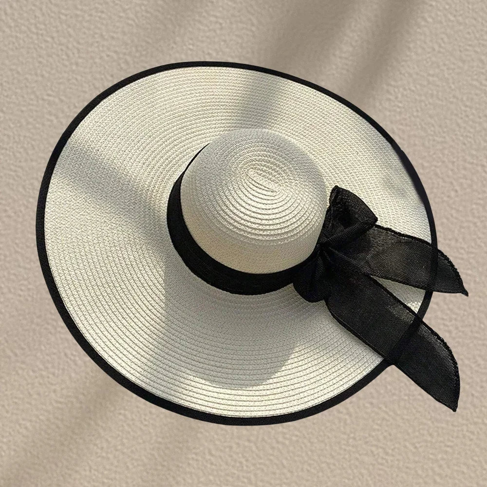 Women's Oversized Straw Beach Hat With Bow Summer Sun Protection Design