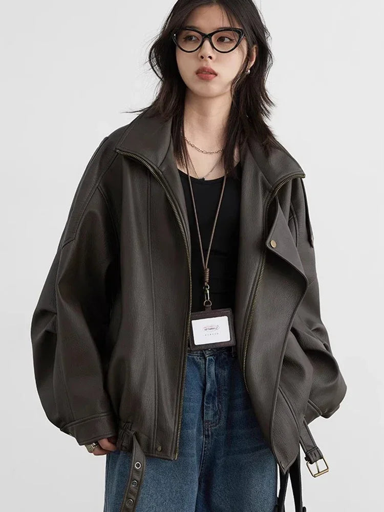Women's Retro Faux Leather Jacket With Loose Motorcycle Fashion Style Design