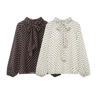 Women's Printed Blouse Shirt With Bow Lace Up Elegant Fashion Design