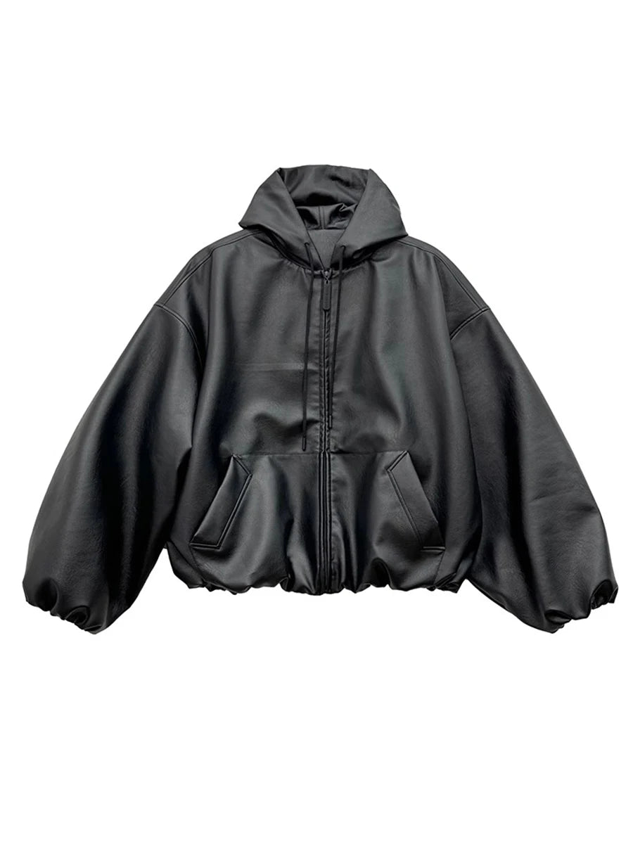 Mens Oversized PU Leather Jacket With Hood Casual Korean Fashion Style
