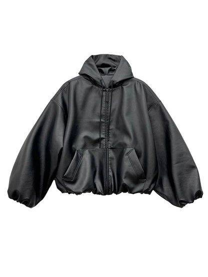 Mens Oversized PU Leather Jacket With Hood Casual Korean Fashion Style