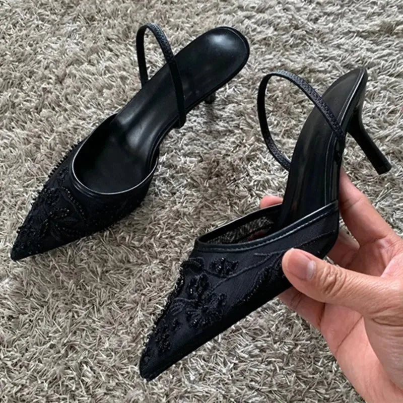 Elegant Mesh Embroidered High Heels With Pointed Toe Luxury Design Features