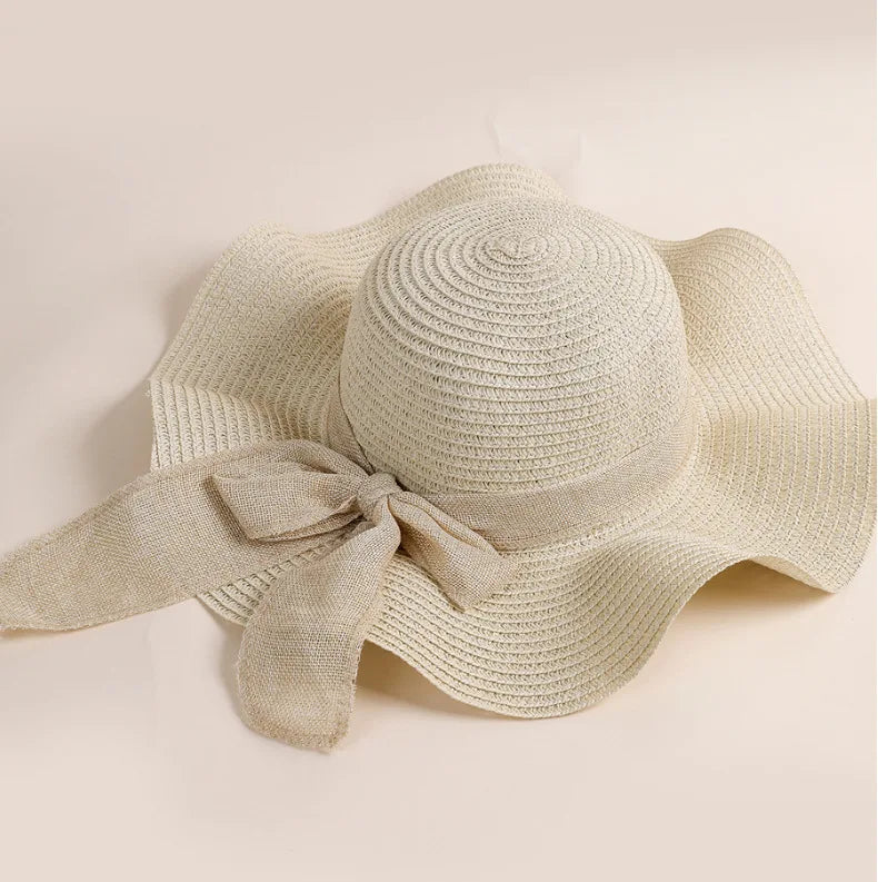 Women's Oversized Straw Beach Hat With Bow Summer Sun Protection Design