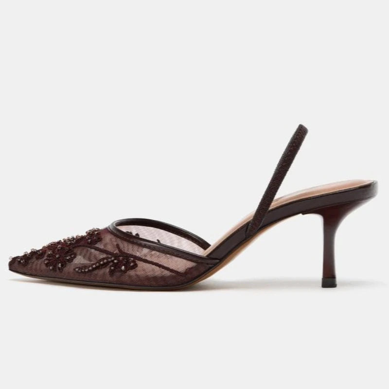 Elegant Mesh Embroidered High Heels With Pointed Toe Luxury Design Features