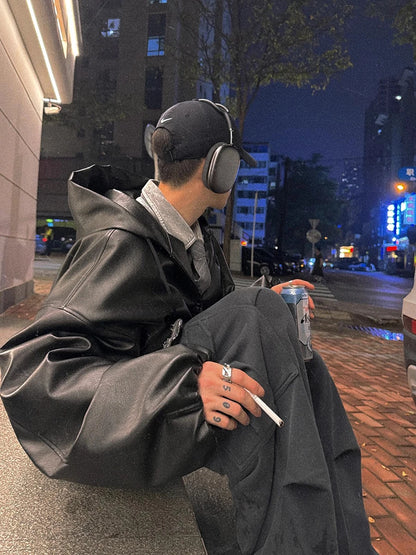 Mens Oversized PU Leather Jacket With Hood Casual Korean Fashion Style