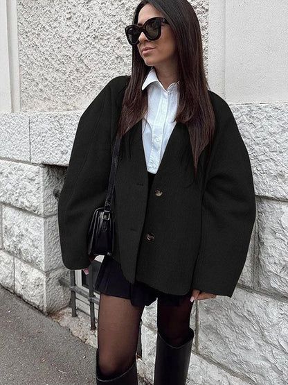 Women's Casual V Neck Coat With Long Sleeves And Button Design