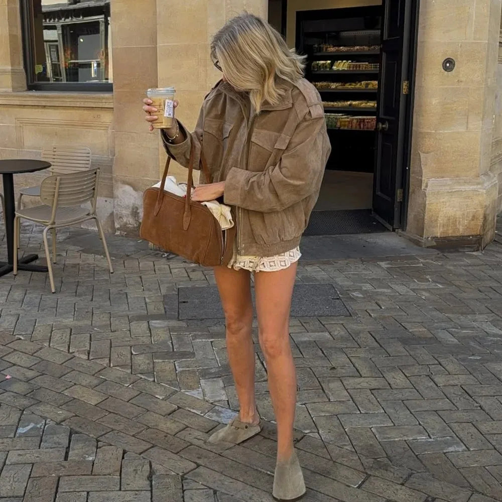 Women's Chic Suede Bomber Jacket With Loose Streetwear Fashion Style Design