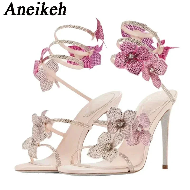 Crystal Flower Ankle Strap High Heel Sandals For Stylish Women's Fashion