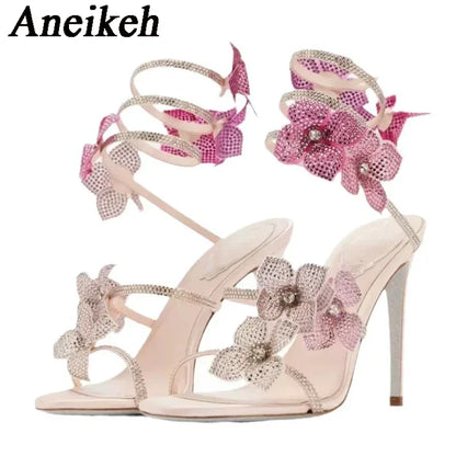 Crystal Flower Ankle Strap High Heel Sandals For Stylish Women's Fashion