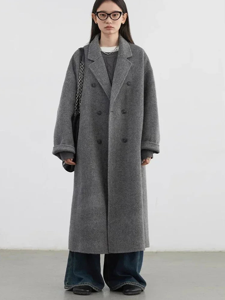 Women's Double Breasted Woolen Overcoat With Casual Retro Winter Fashion Style
