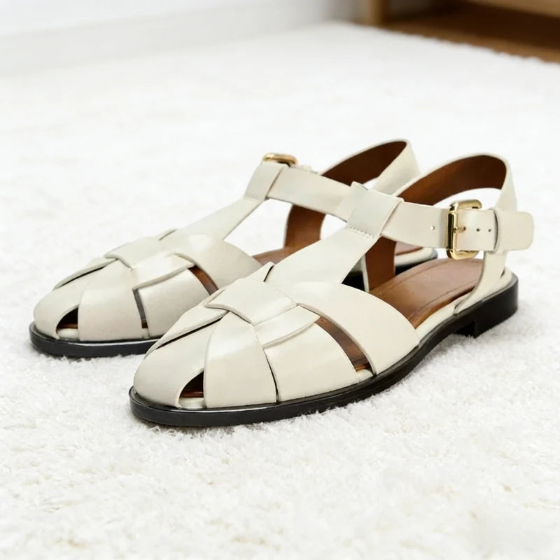 Luxury Flat Gladiator Sandals With Metal Buckle And Ankle Strap Design