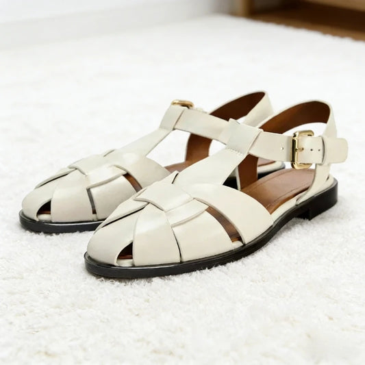 Luxury Flat Gladiator Sandals With Metal Buckle And Ankle Strap Design