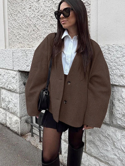 Women's Casual V Neck Coat With Long Sleeves And Button Design