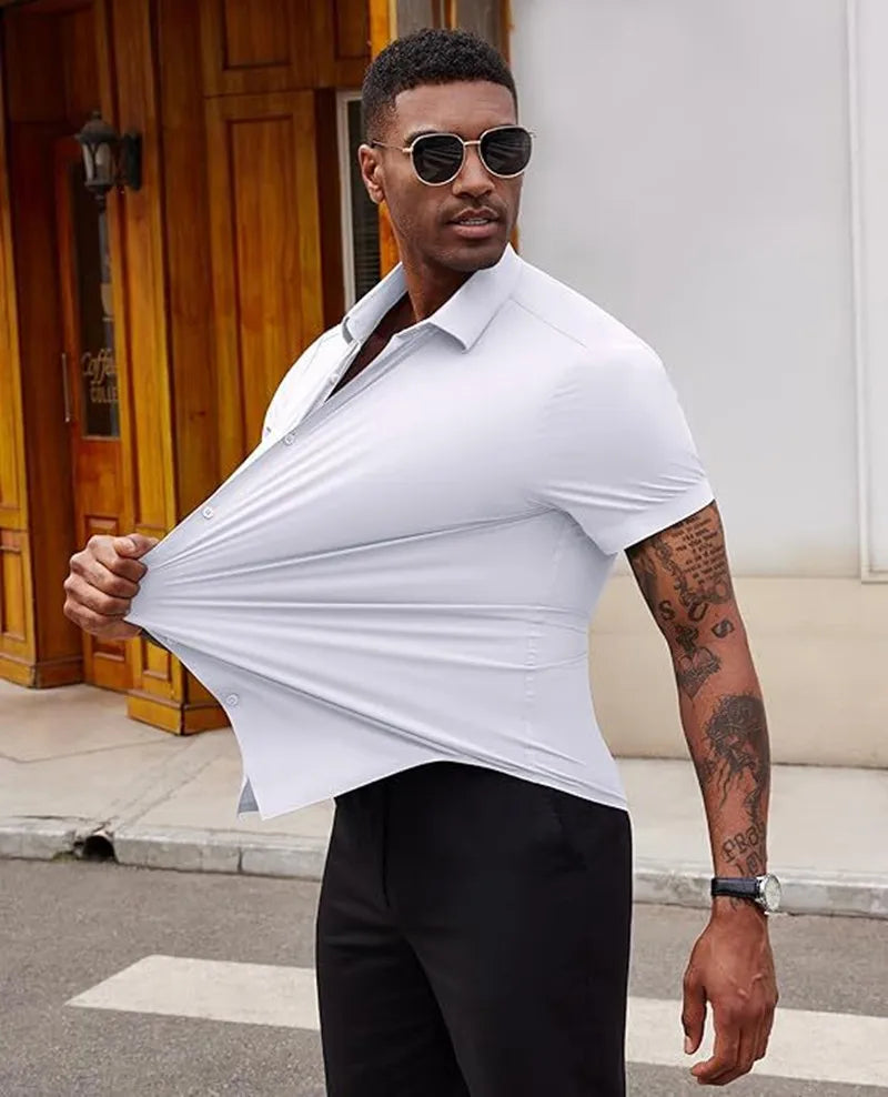 Mens Summer Business Shirt With Short Sleeve Wrinkle Free Comfort Design