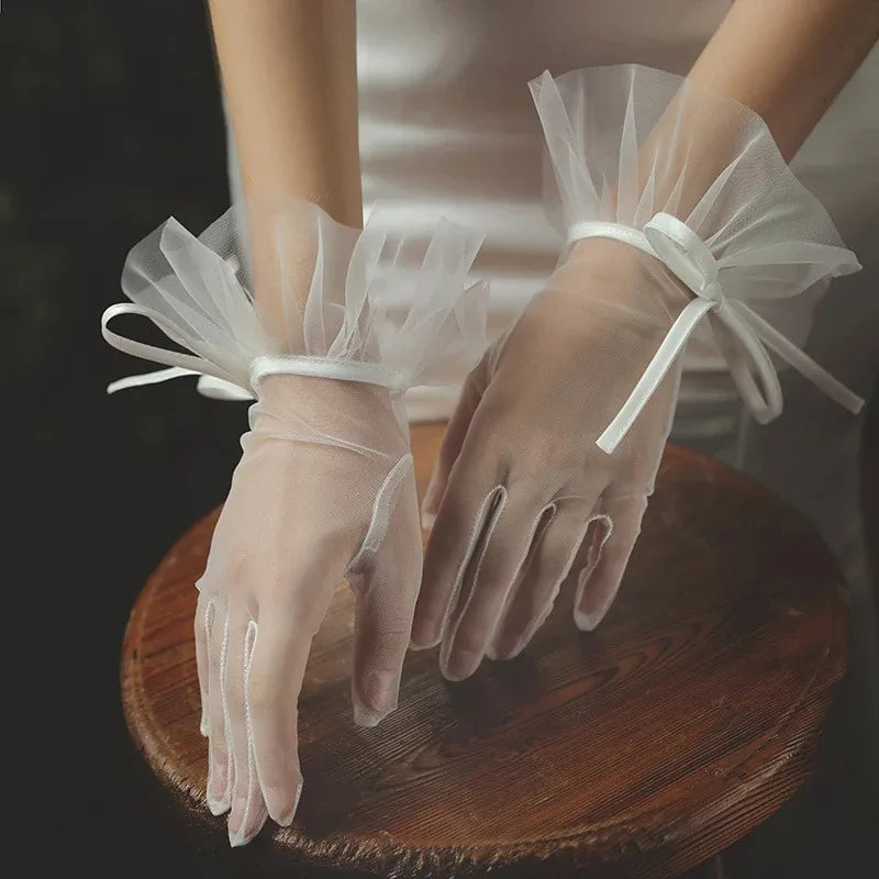 Vintage Wedding Mesh Gloves With Pearl Bow Elegant Bridal Fashion Design