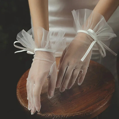 Vintage Wedding Mesh Gloves With Pearl Bow Elegant Bridal Fashion Design