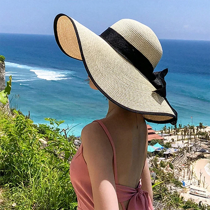 Women's Oversized Straw Beach Hat With Bow Summer Sun Protection Design