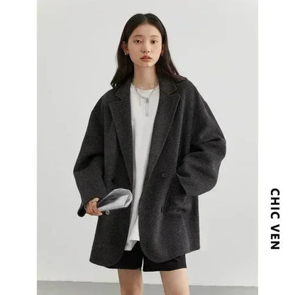 Women's Double Breasted Woolen Coat With Retro Casual Winter Style Design